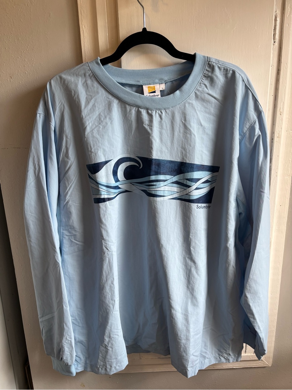Solumbra Light Blue Long Sleeve Sun Shirt with Navy Wave Graphic SPF 100+